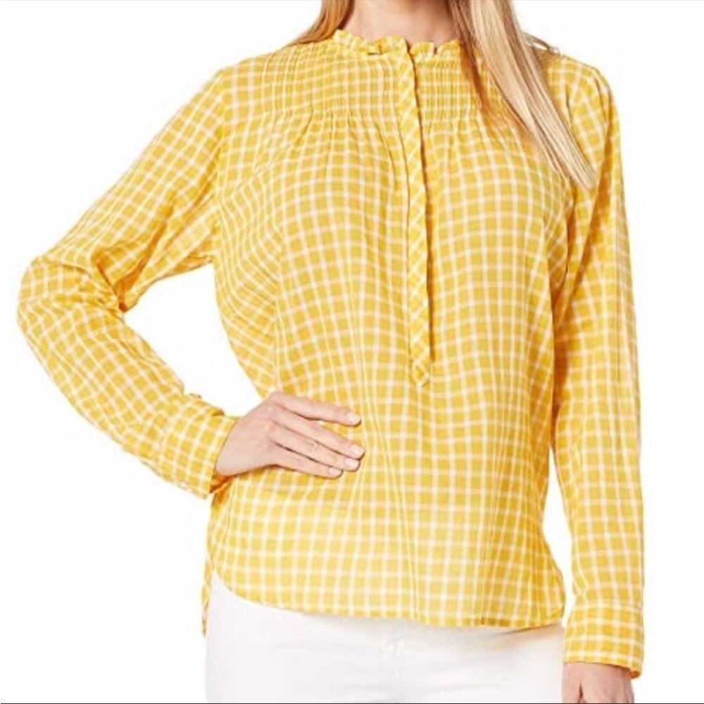 J. Crew Popover Gingham Checkered Yellow and White Pleated Ruffle Trim Top